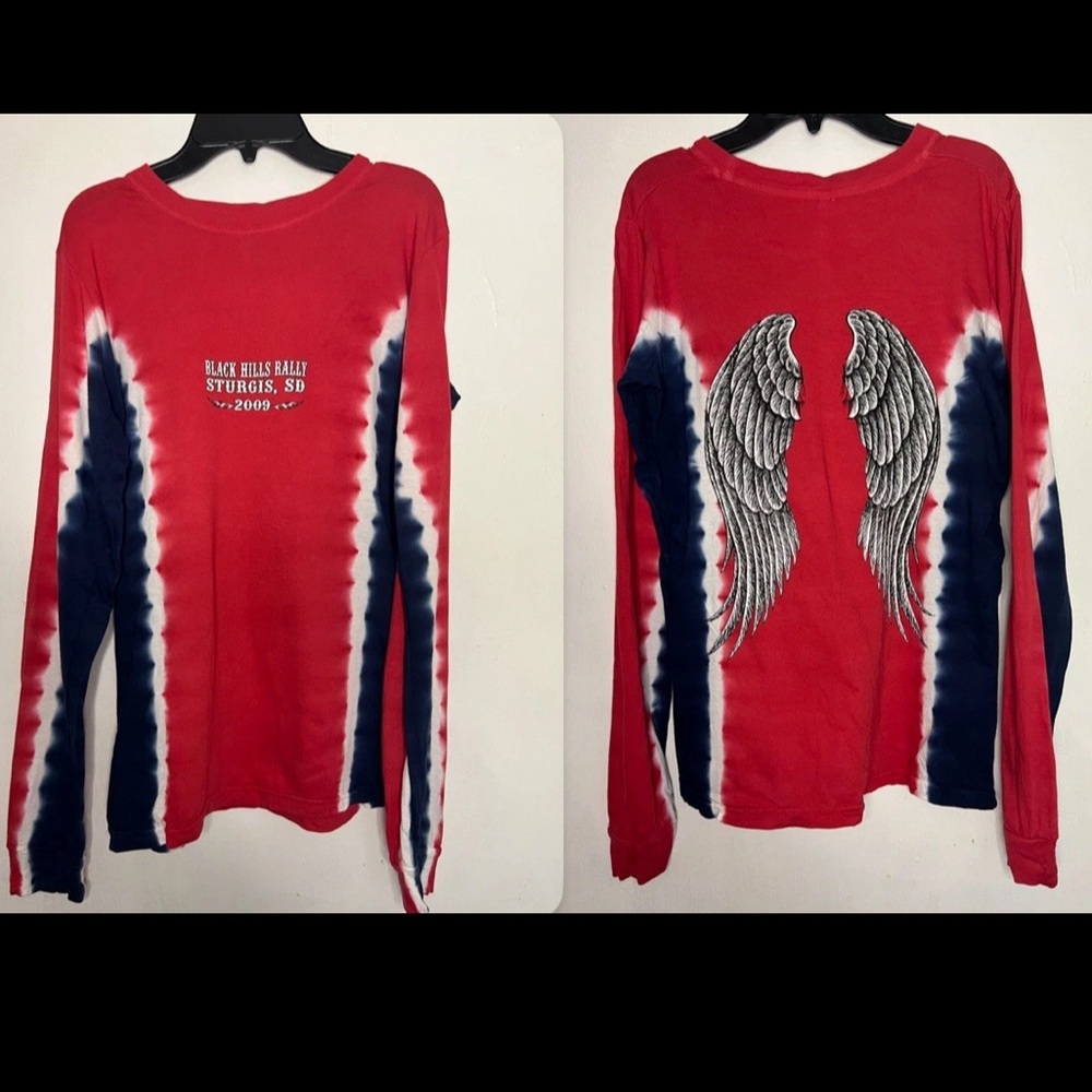 Vintage Red Tie-Dye Long Sleeve Shirt with Wing Design Y2K